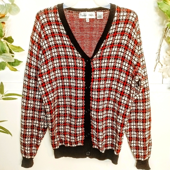 Vintage :: Preppy Plaid Oversized Womens Baxter Wells Sweater Cardigan Size S - Picture 1 of 4